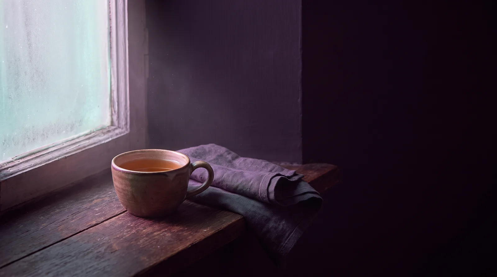 A single ceramic cup and folded linen on a dark windowsill, lit softly in lavender and rose against deep aubergine shadow.