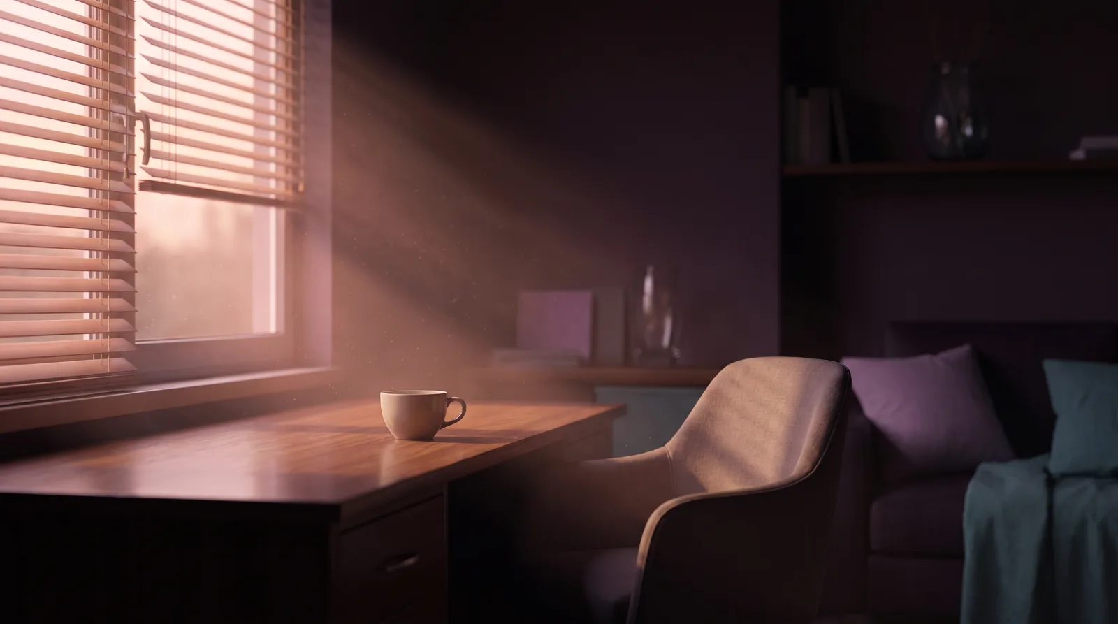 Low golden afternoon light falling across an empty desk chair and coffee cup in a dim office with deep aubergine shadows.