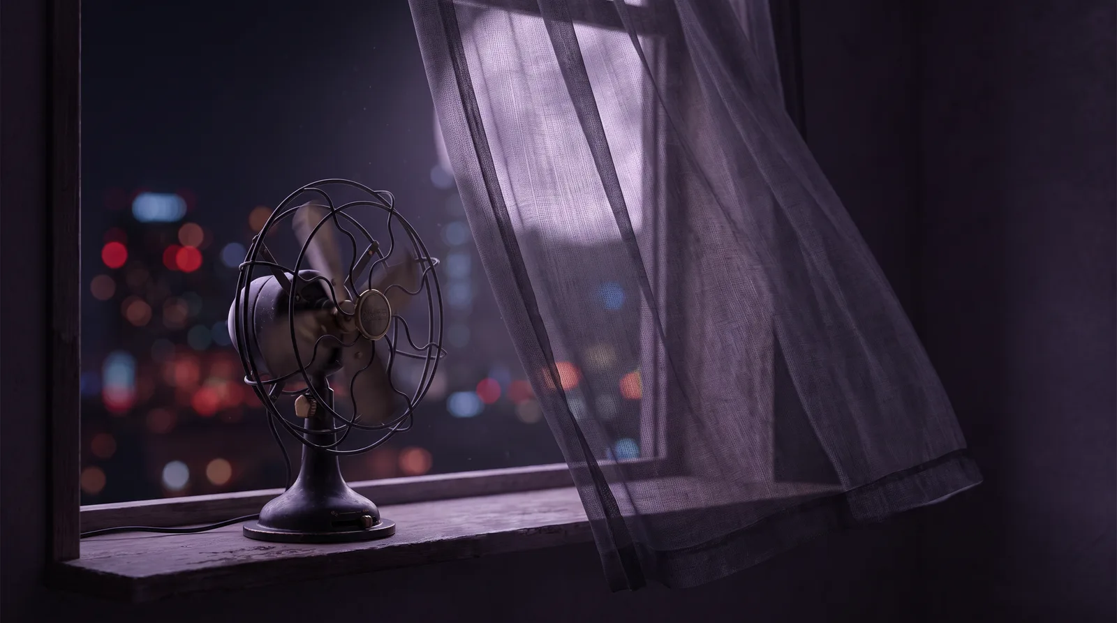 A small vintage fan on a windowsill at night with blades in soft motion blur, lavender moonlight, and blurred city lights in aubergine darkness.