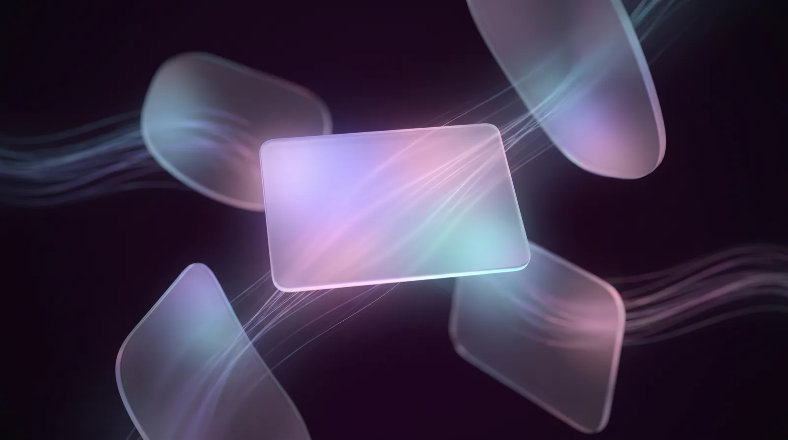 Translucent glass panes overlapping in dark space with one pane in sharp luminous focus.
