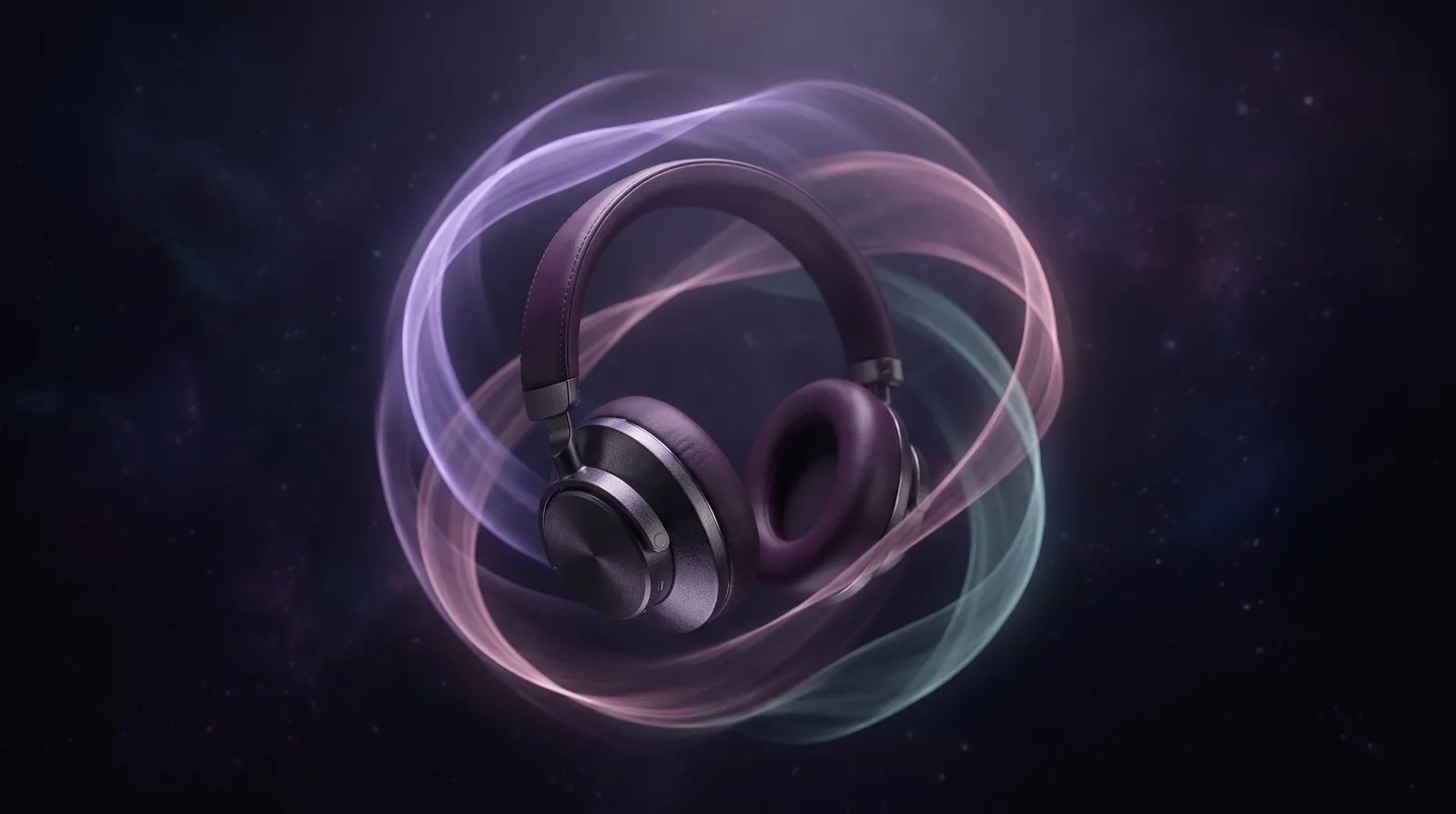 Over-ear headphones surrounded by orbiting ribbons of glowing lavender and aqua sound waves in dark space.