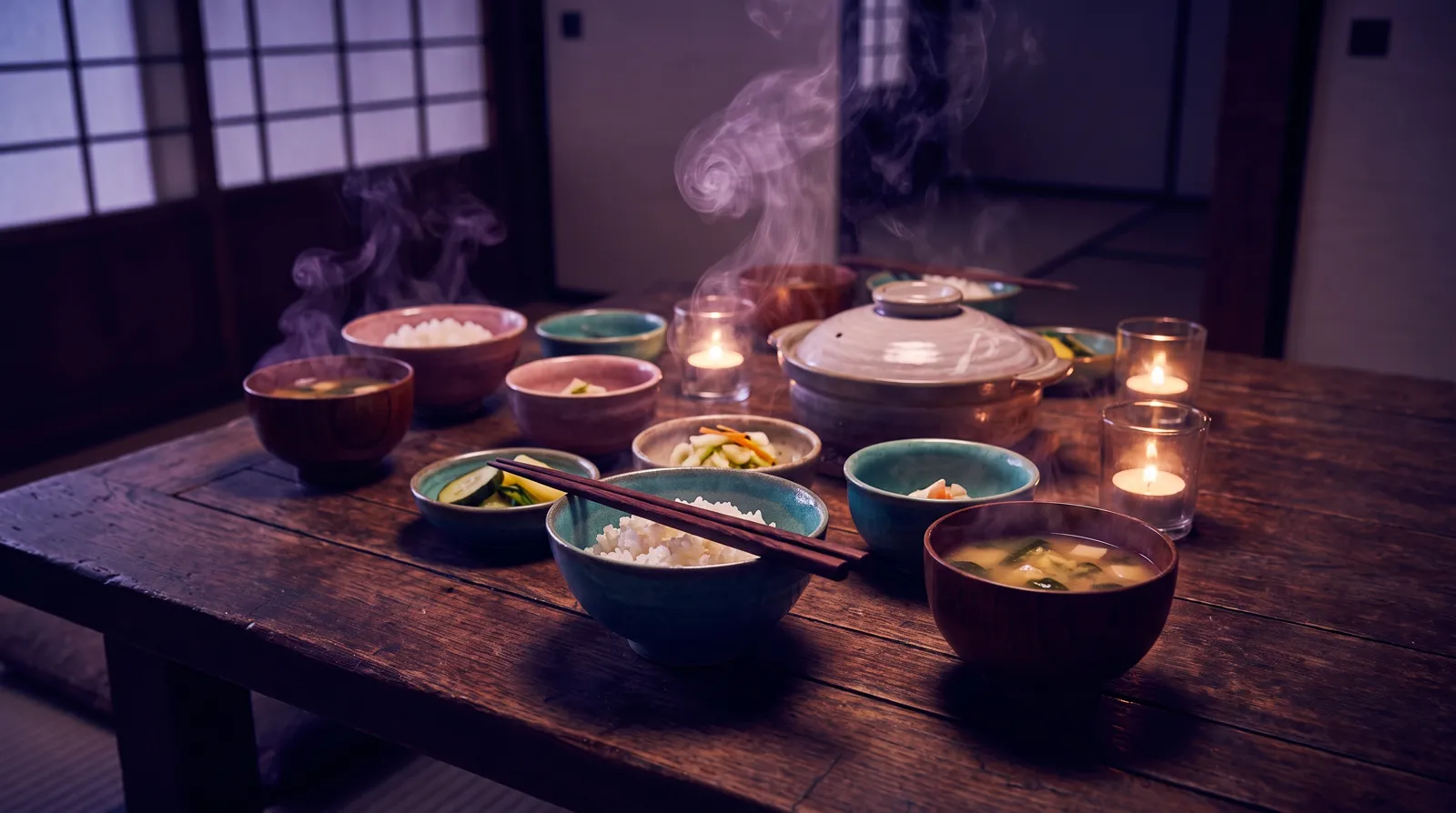 Small ceramic bowls of a modest meal with chopsticks resting across one, gentle steam rising in candlelight, deep aubergine shadows with lavender, rose and aqua glaze accents.