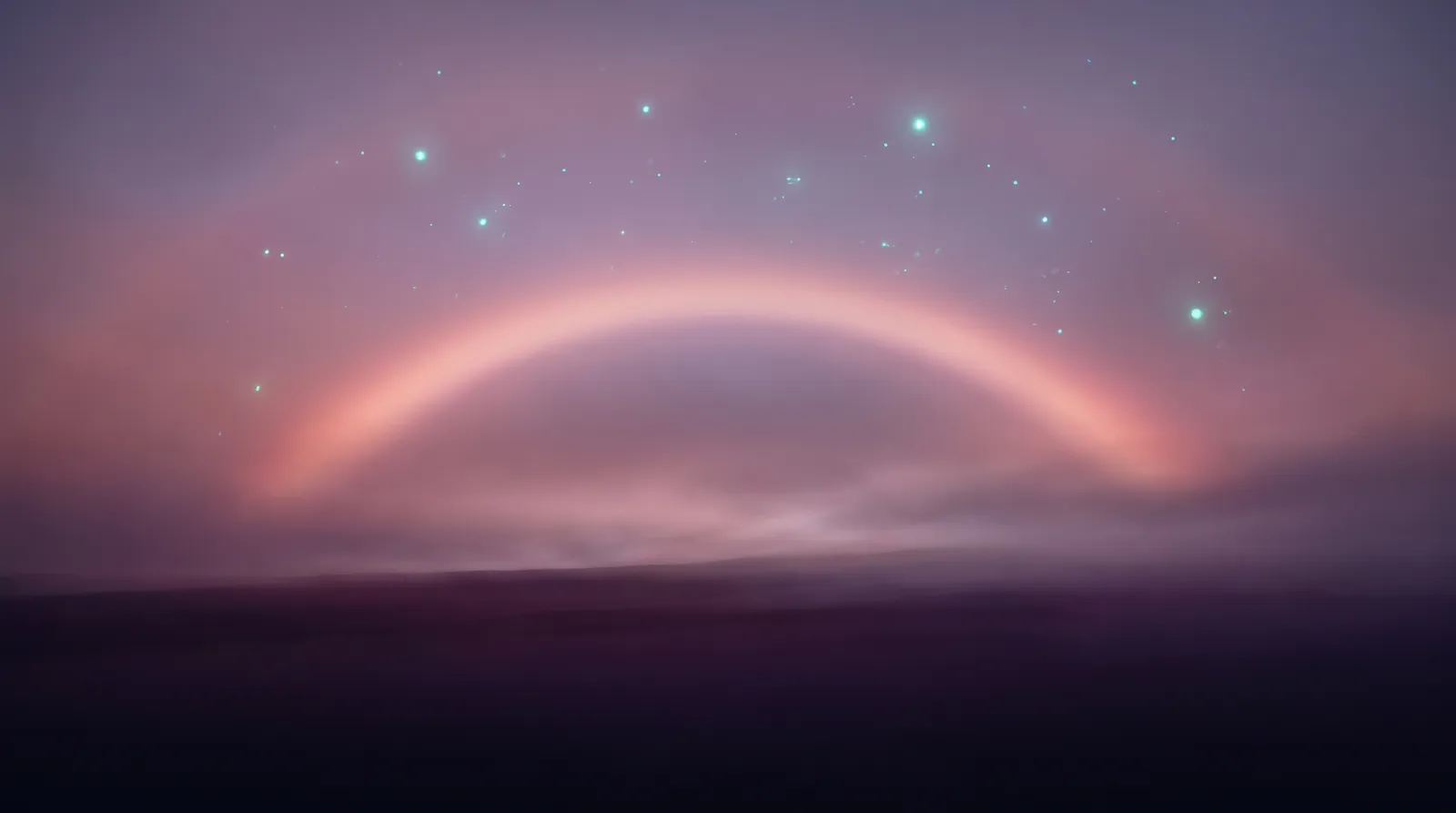A crescent of soft rose light curving over deep aubergine darkness like a cradle, with faint aqua stars.