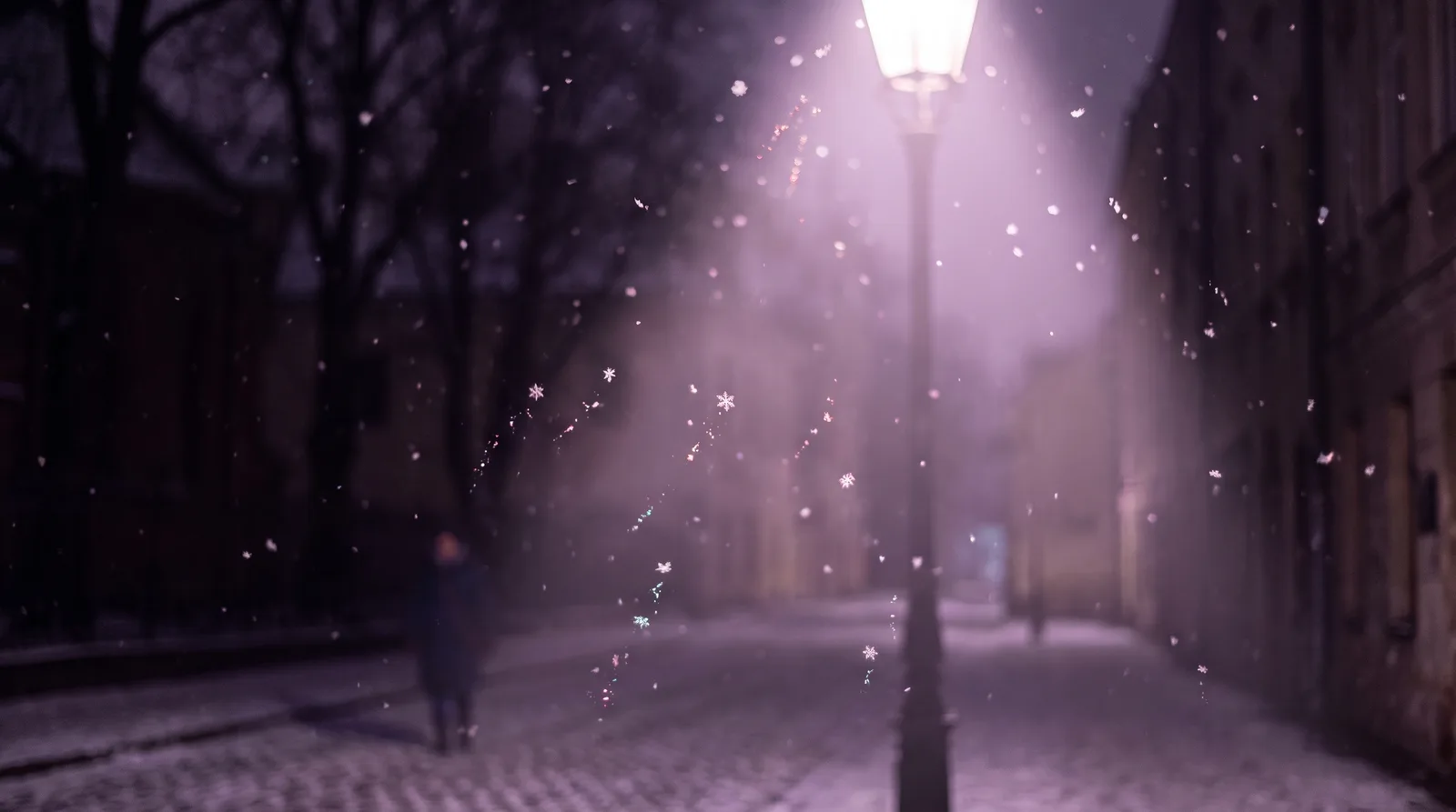 Soft snowflakes drifting through a cone of lavender lamplight against a deep aubergine night, with rose and aqua glints on the falling snow.