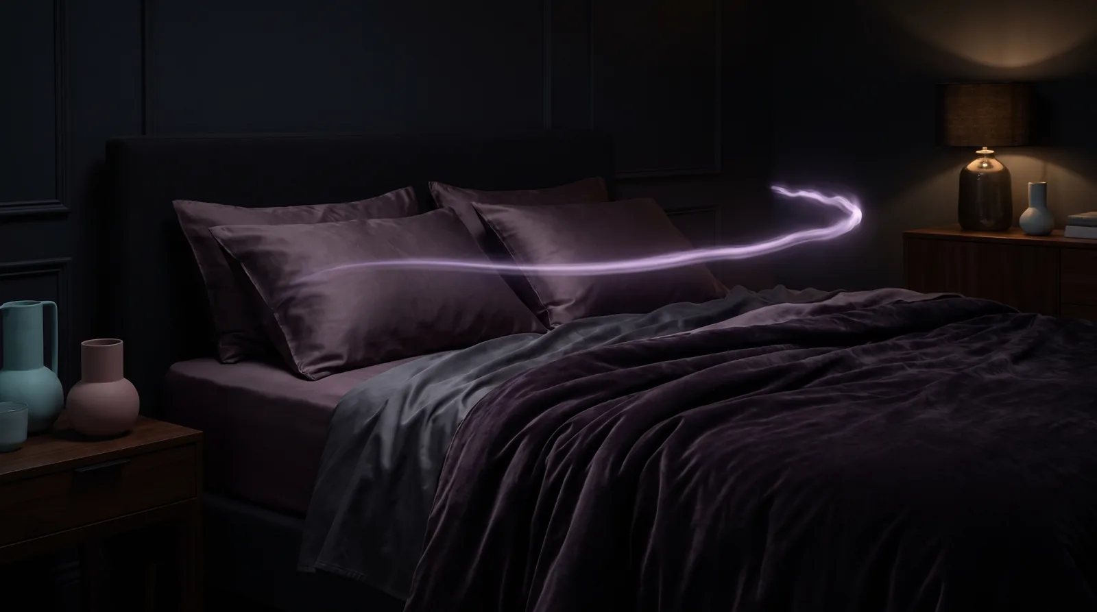 A dark bedroom scene with rumpled sheets and a single arc of soft lavender light crossing the bed like a sudden spark in the stillness.