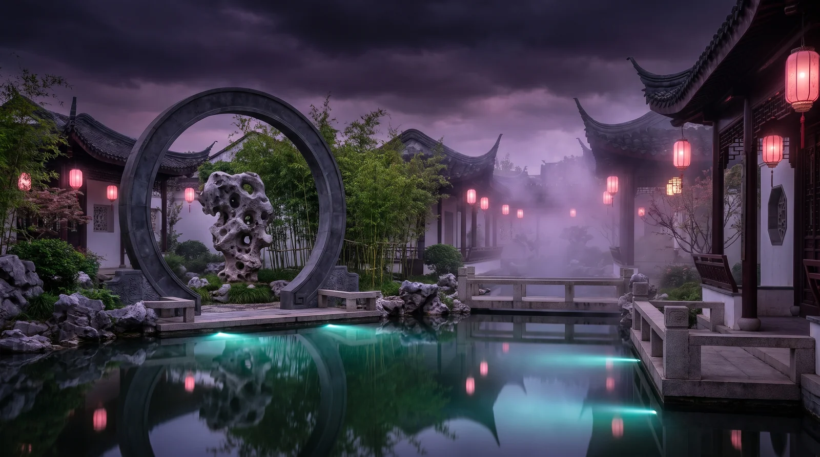 A moon gate framing a taihu rock and bamboo beside a still pond at dusk, in lavender mist and rose lantern light.