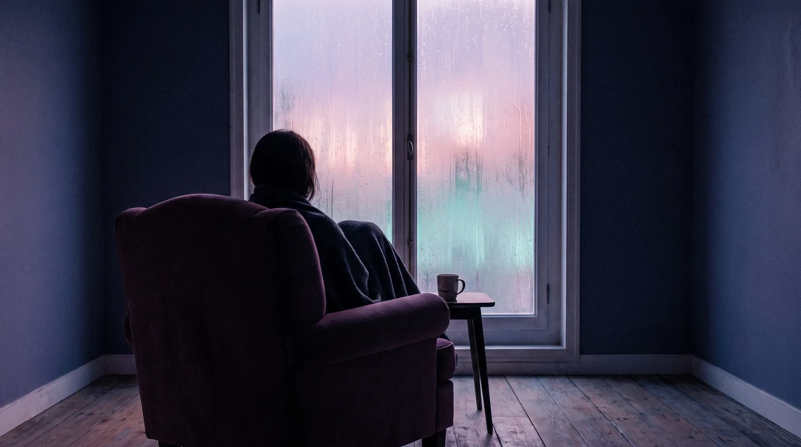 A figure resting in an armchair beside a tall rain-streaked window at dusk, deep aubergine shadows lit softly with lavender and aqua.