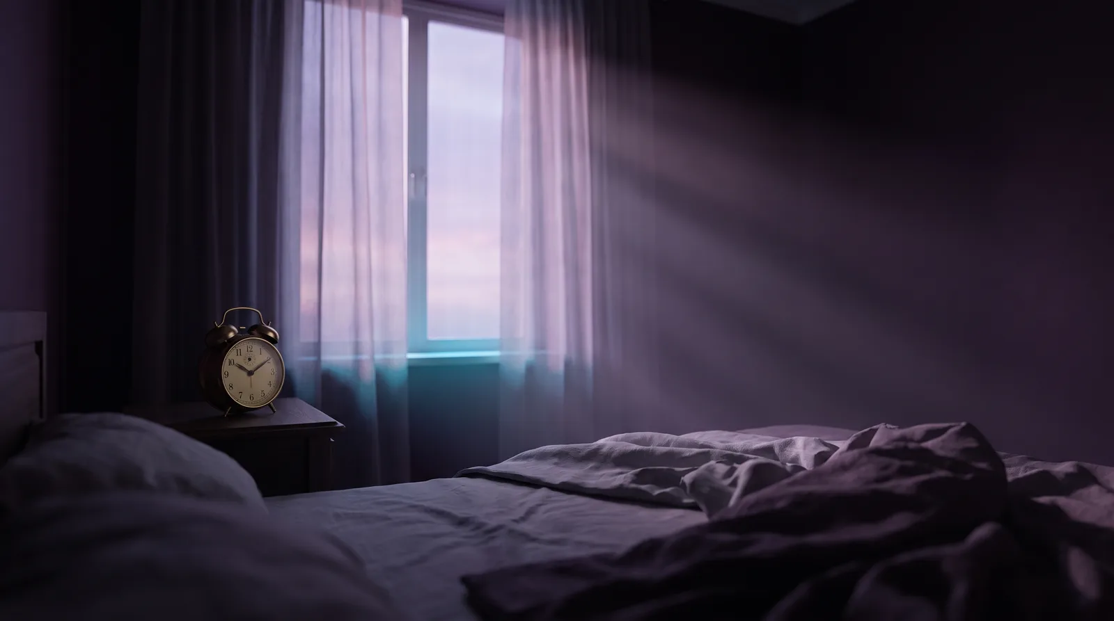 An analog alarm clock on a nightstand in a dark aubergine bedroom with cool lavender pre-dawn light seeping through sheer curtains.