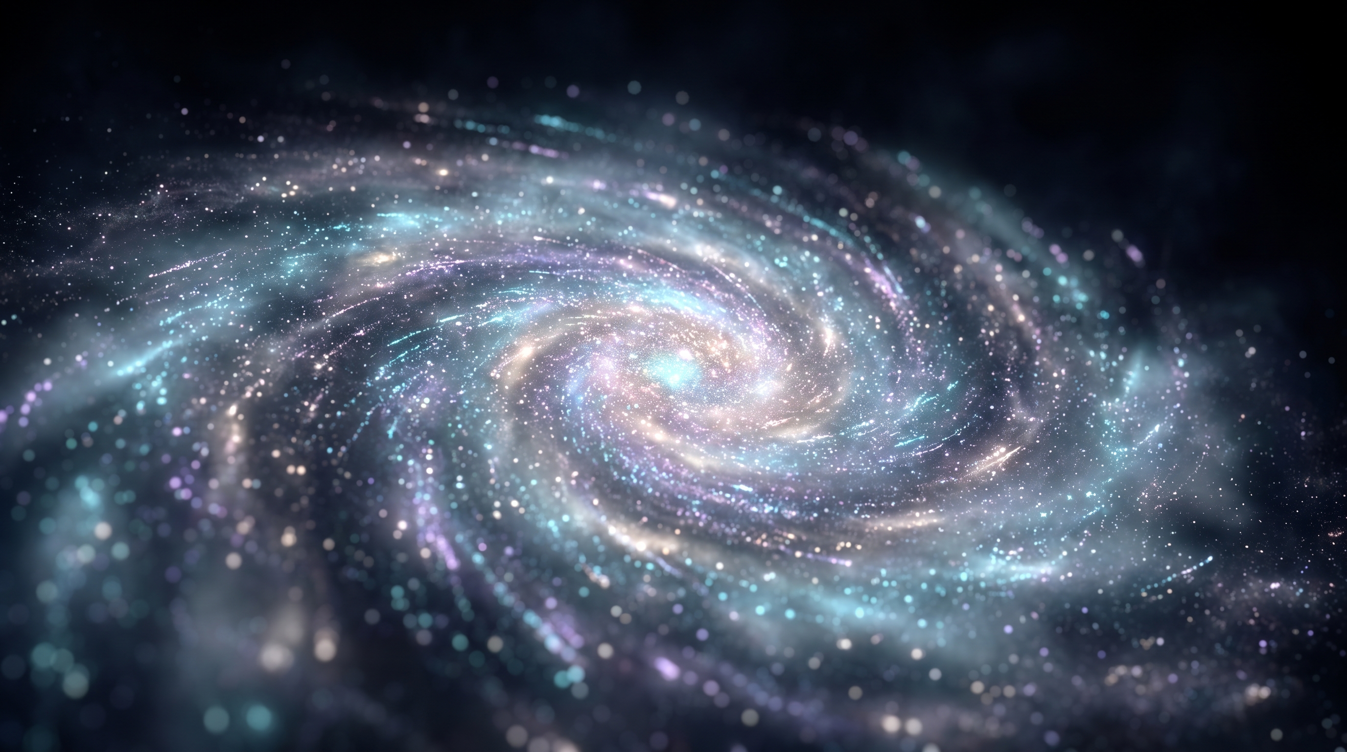Soft lavender and aqua particles drifting through deep aubergine darkness, like the edge of a dream.
