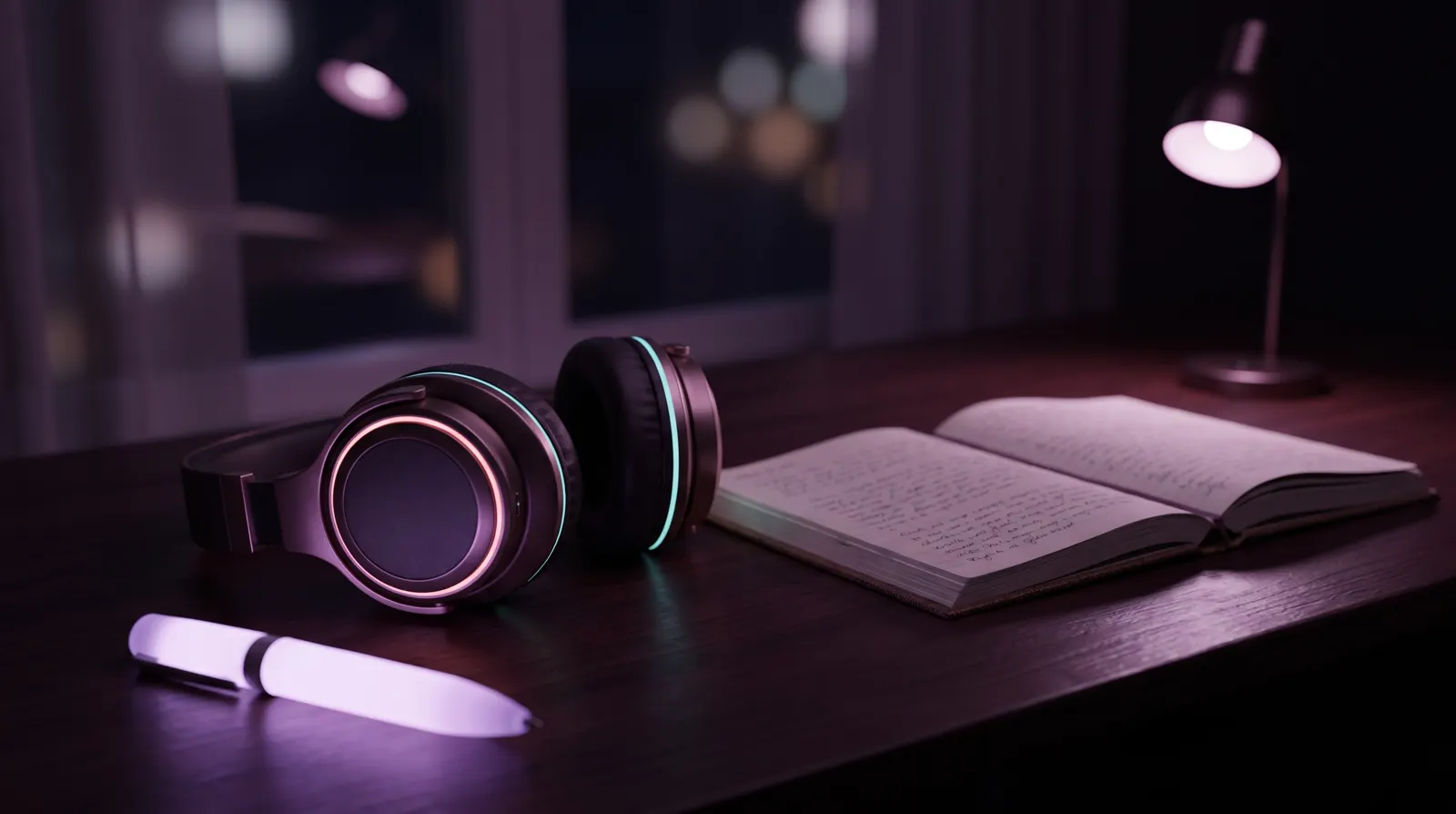 Headphones on a dark desk beside an open notebook in soft lavender light.