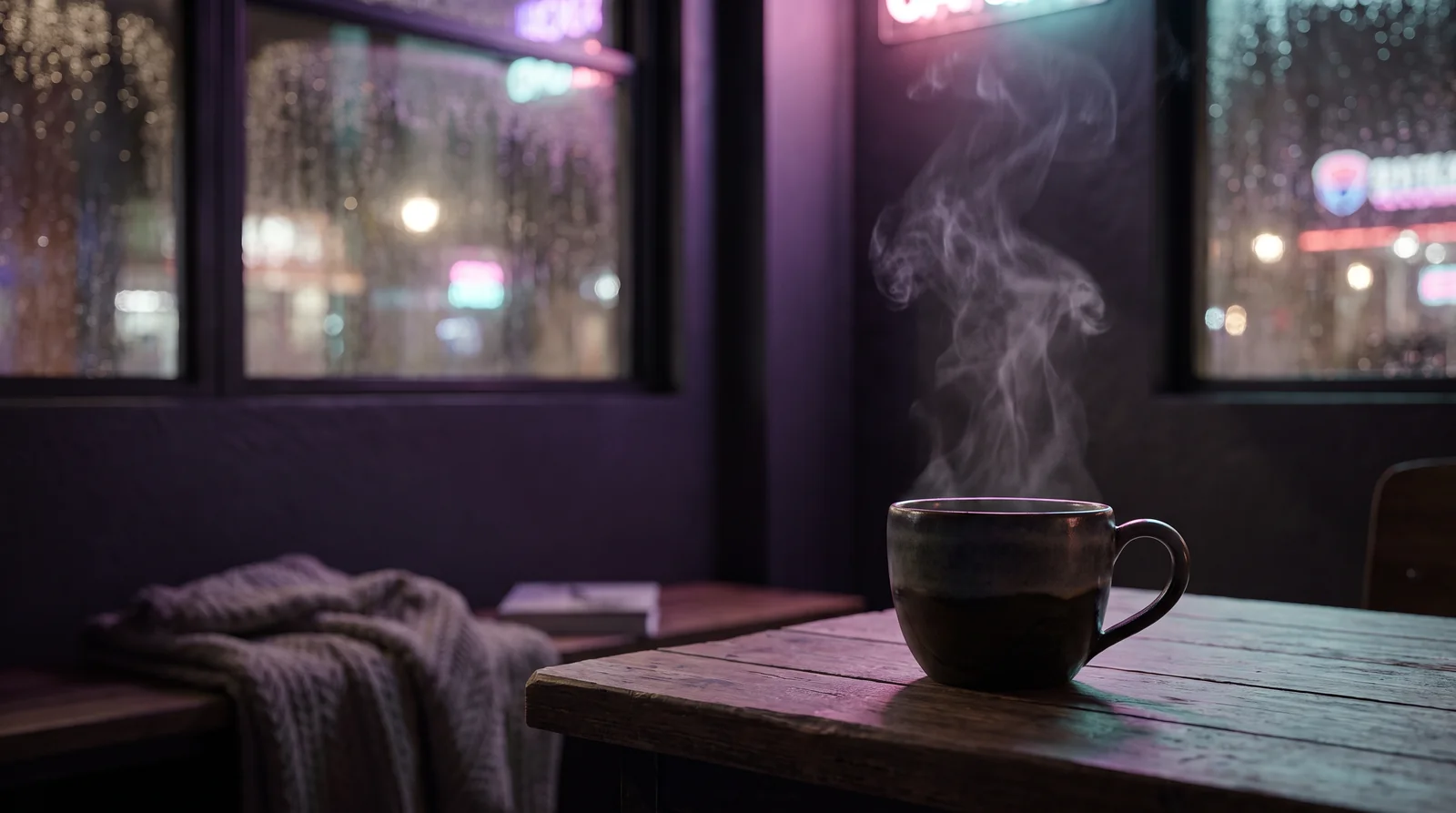 A ceramic coffee cup on dark wood, its steam curling upward through lavender, rose and aqua light against blurred café window bokeh in deep aubergine darkness.