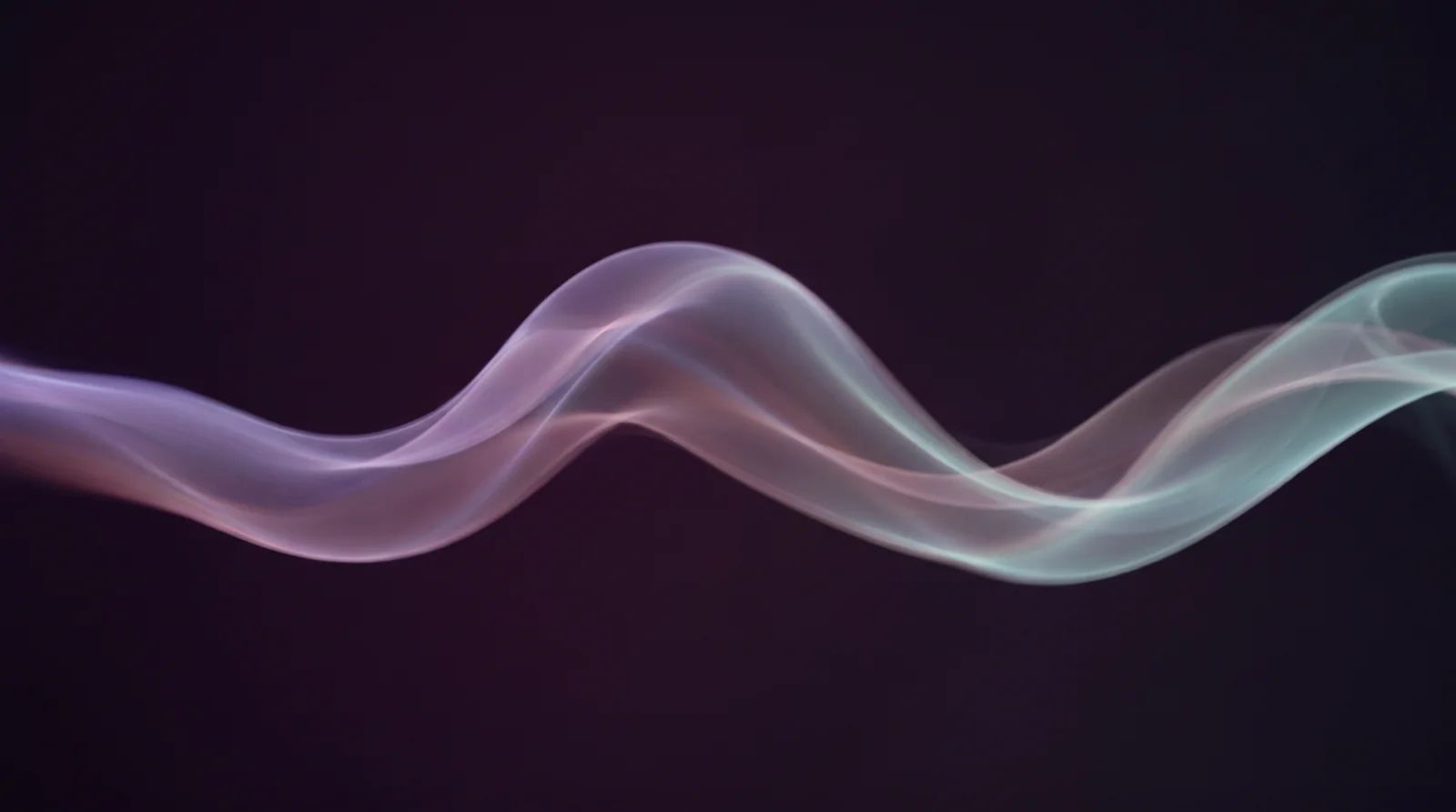 A single luminous ribbon of mist rising and falling in a slow smooth wave, glowing lavender, rose and aqua against a deep aubergine near-black space.