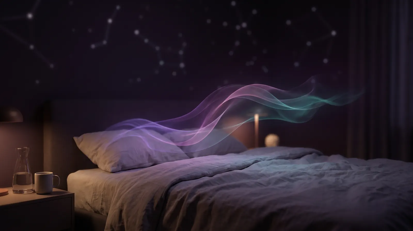 An empty bed in a dark room with luminous ribbons of lavender, rose and aqua mist drifting above the pillow like dream currents against deep aubergine night.