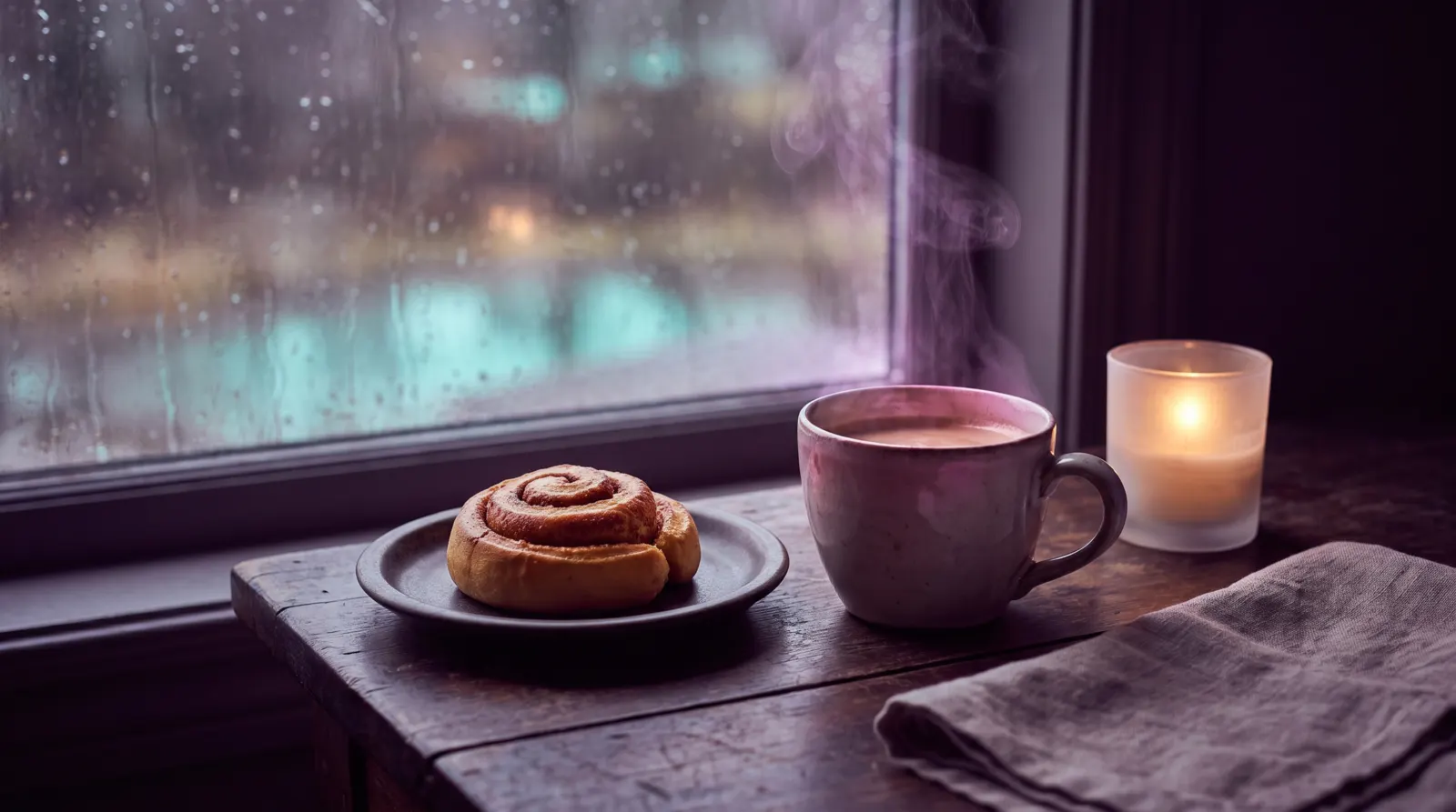 A steaming cup of coffee and a cinnamon bun on a dark wooden table by a rain-dimmed window, candlelit, in deep aubergine shadow with lavender steam and aqua window light.