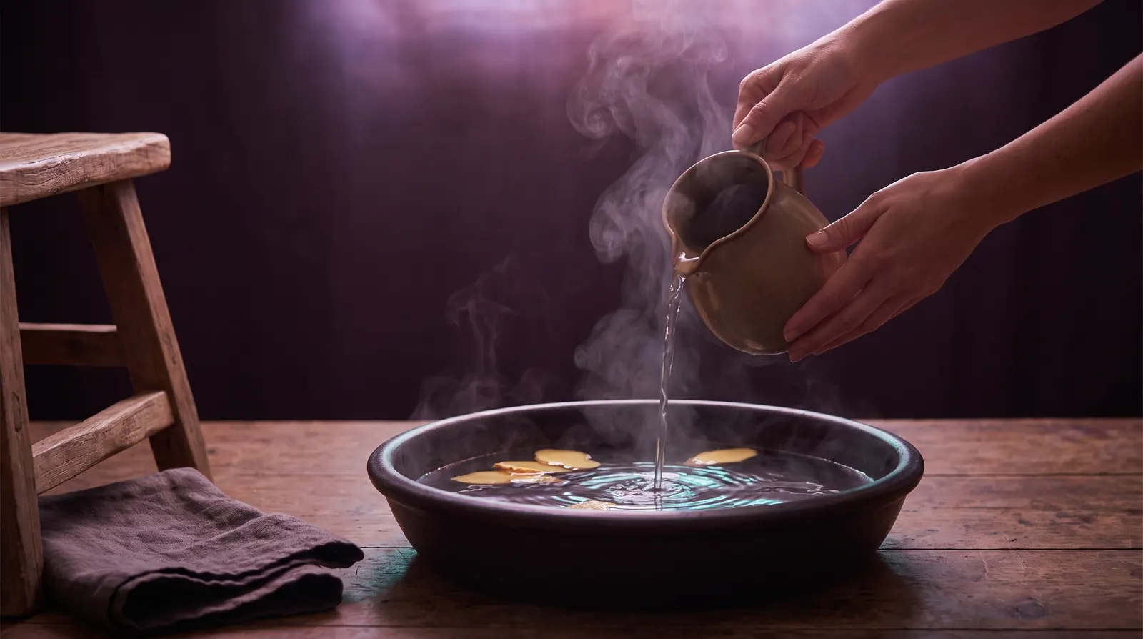 Steam rising from a ceramic basin of warm water beside a folded towel in soft lavender evening light.