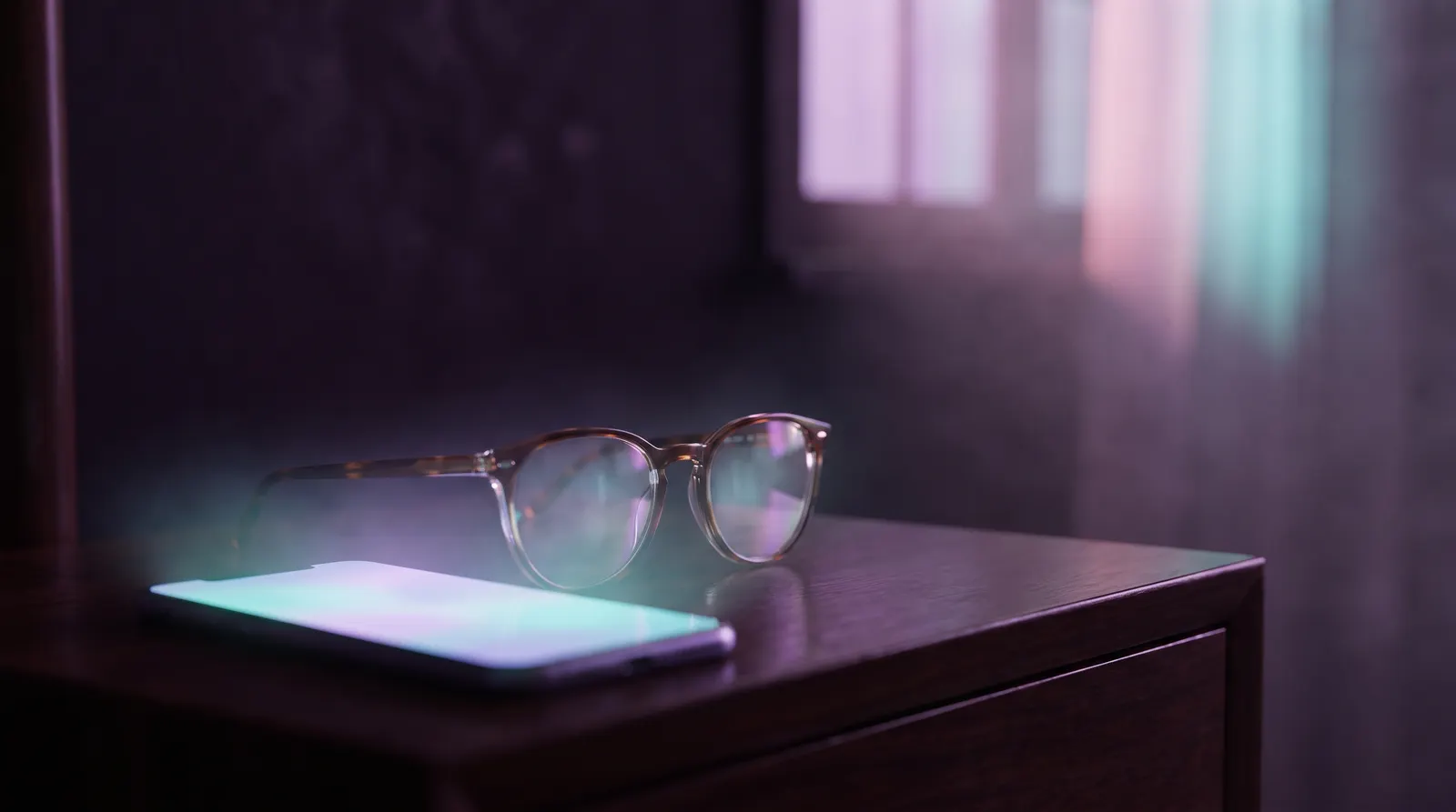 Clear-lensed glasses on a dark nightstand beside a glowing phone, washed in lavender and aqua light against deep aubergine darkness.