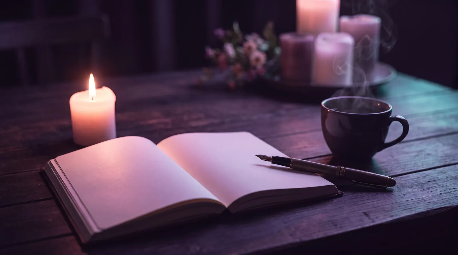 An open journal and fountain pen beside a steaming cup of tea on a dark table, lit by soft lavender candlelight.