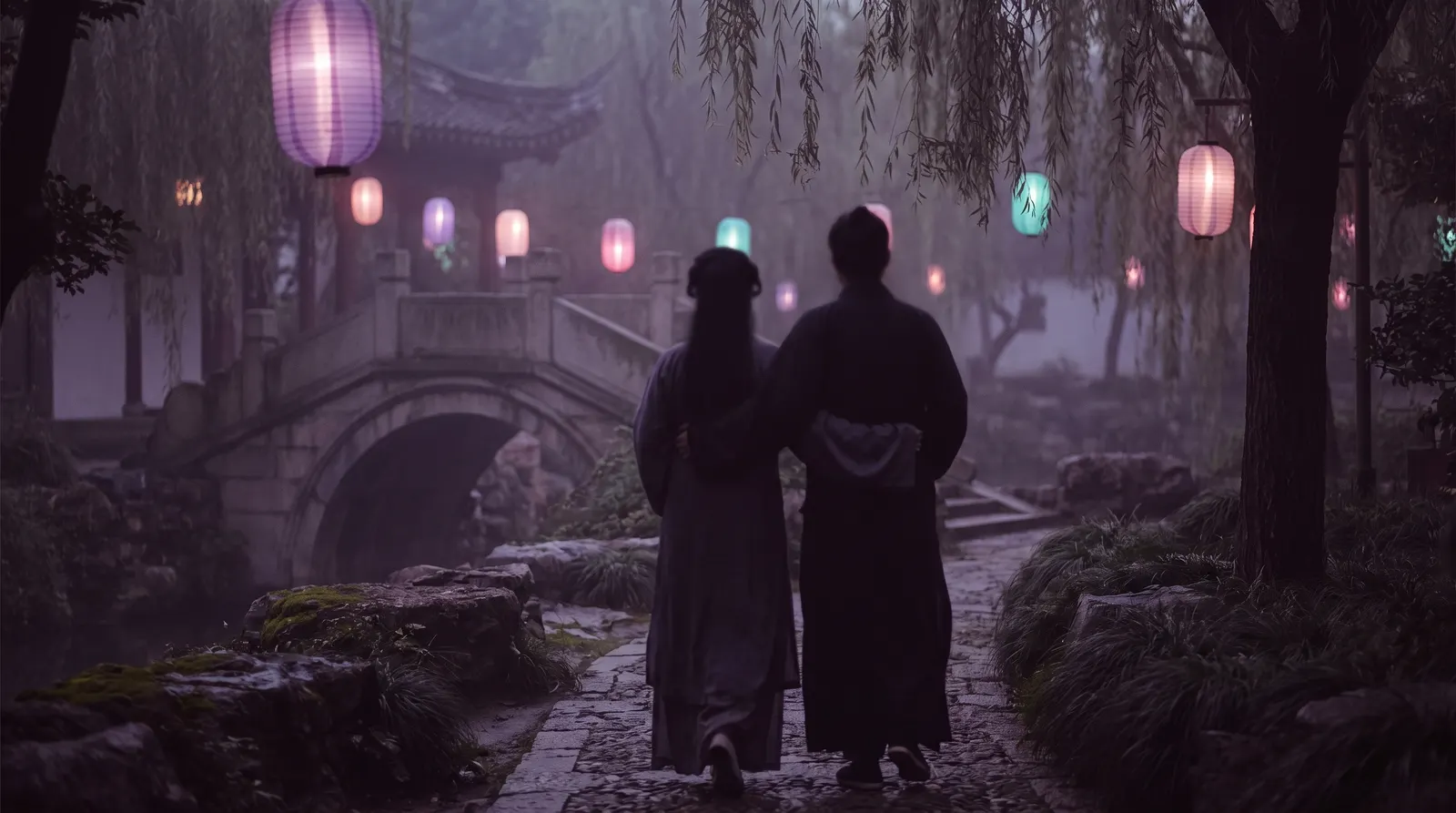 Two figures strolling a lantern-lit garden path at dusk after an evening meal.