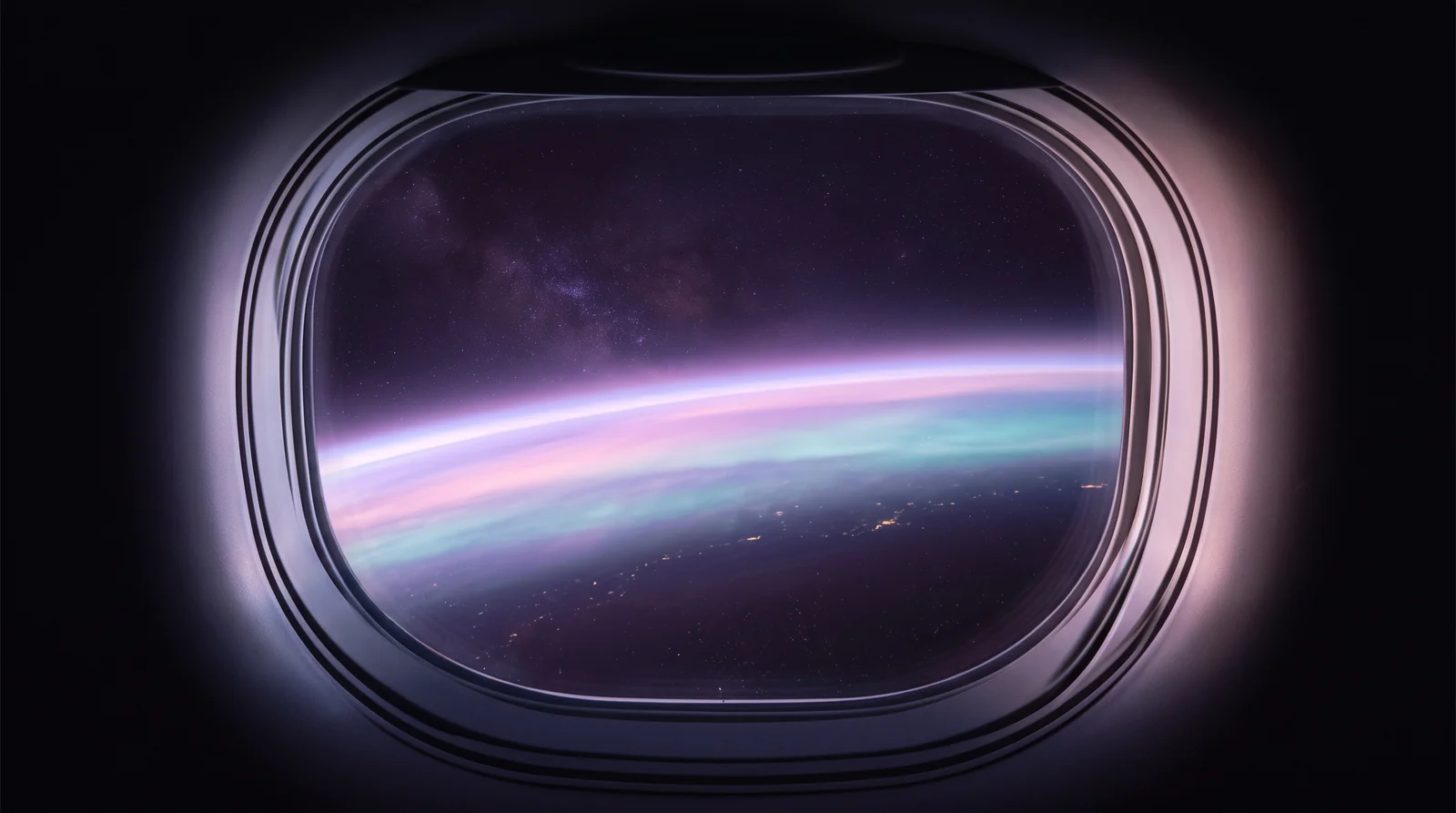 An airplane window at night with a glowing lavender and rose horizon arcing through deep aubergine darkness, soft aqua light tracing the curve of the earth.