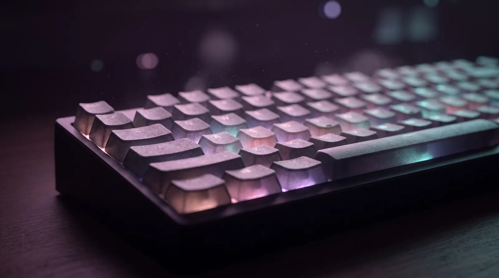 Macro view of a mechanical keyboard in darkness, keycaps glowing softly in lavender, rose and aqua against a deep aubergine background.