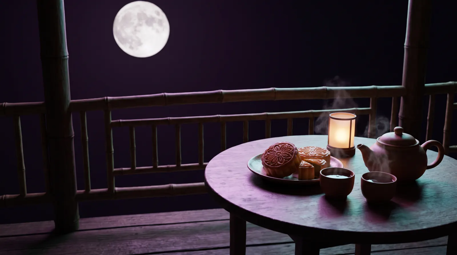 A full moon glowing over a small tea table with mooncakes and two cups in deep violet night light.