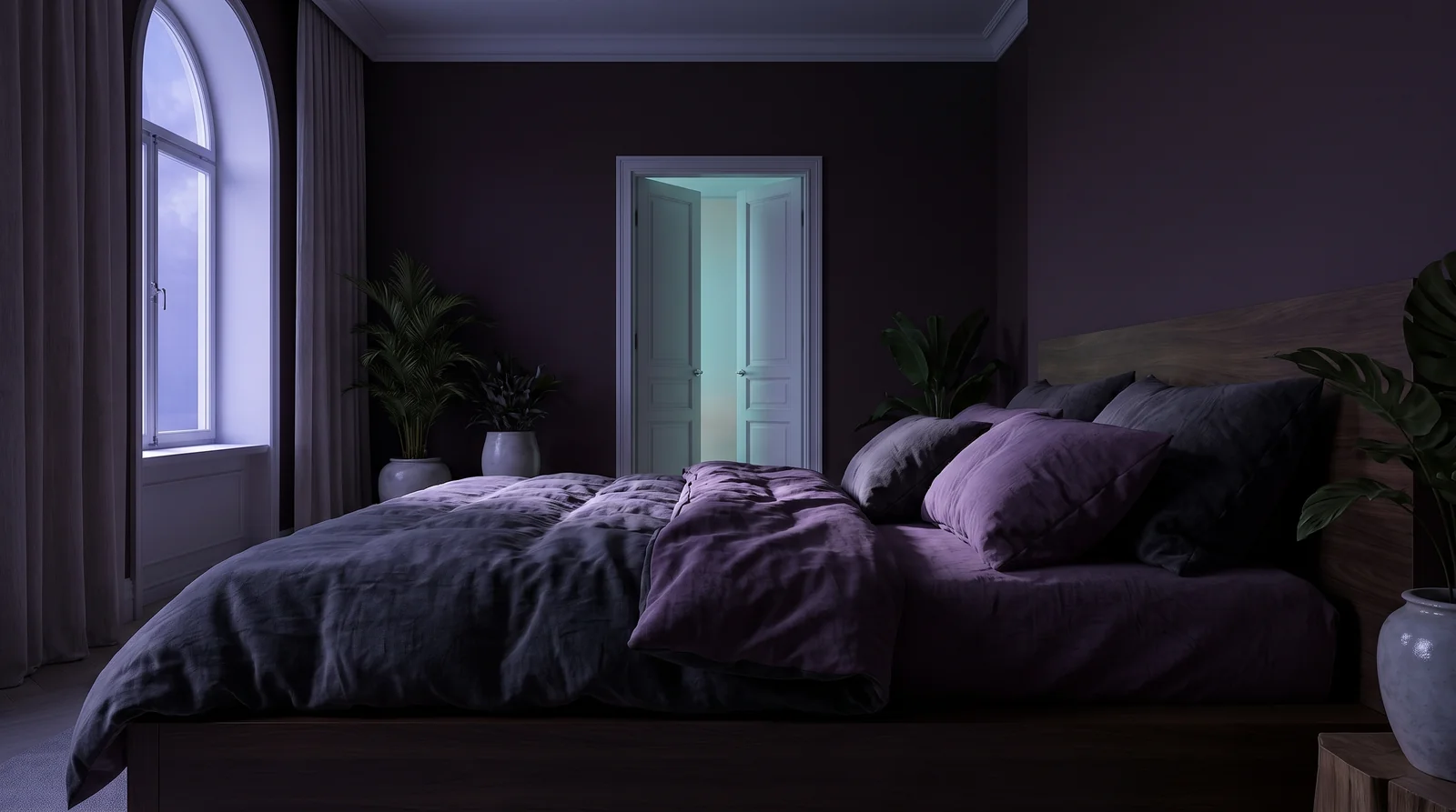 An empty bed in a dark aubergine room, sheets softly lit in lavender moonlight, a doorway glowing faint aqua in the distance.