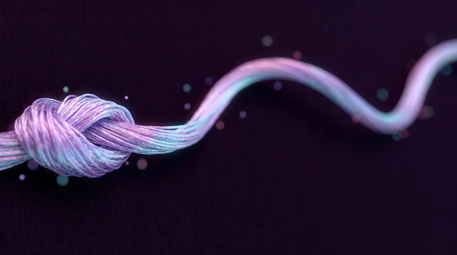A luminous silk thread unwinding from a tangled knot into one smooth flowing line against a deep aubergine background.