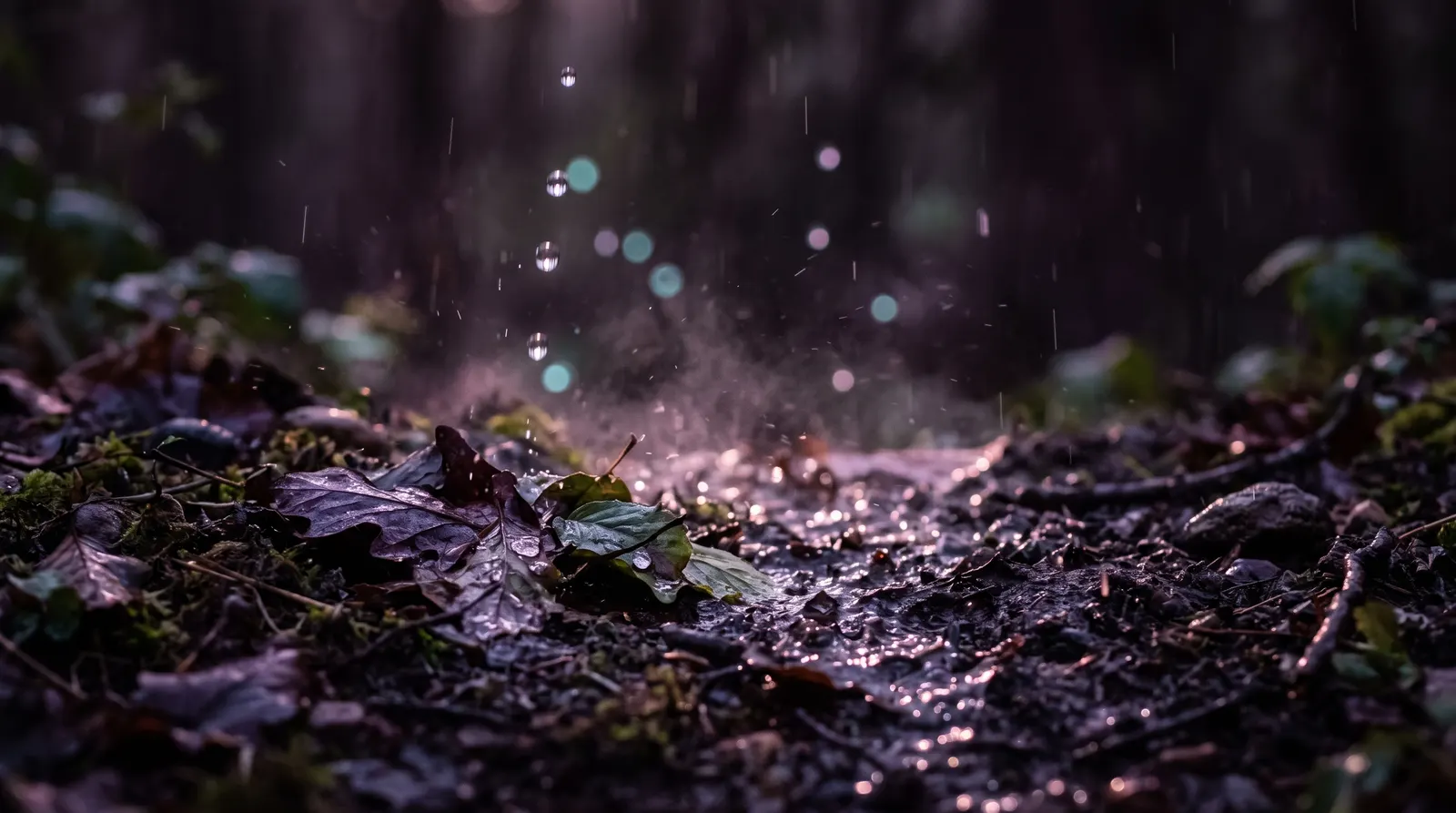 First raindrops striking dark earth and leaves at dusk, fine mist rising, droplets catching lavender and rose light against a deep aubergine gloom with soft aqua bokeh.