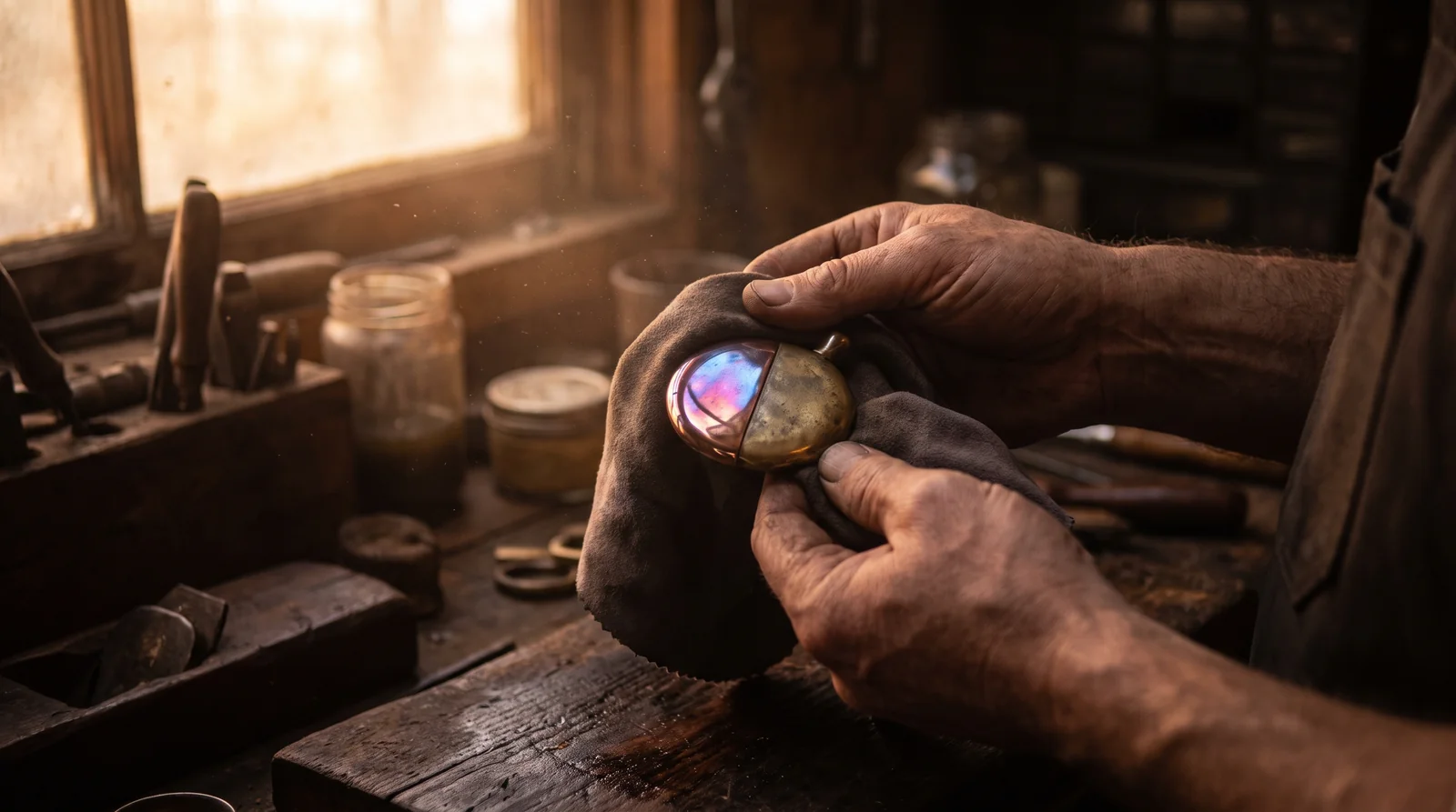 Careful hands polishing a small brass object on a dark workbench, half of it restored to a mirror shine reflecting lavender, rose and aqua light against deep aubergine shadows.