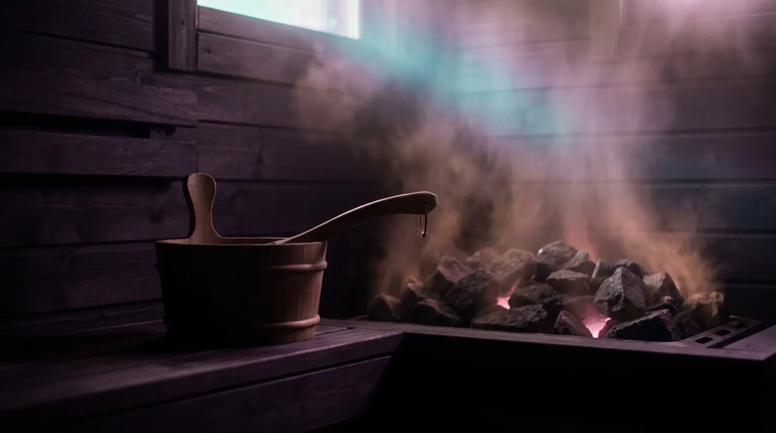 A dark wooden sauna interior with a ladle and bucket, steam rising from glowing stones through a beam of soft aqua light.