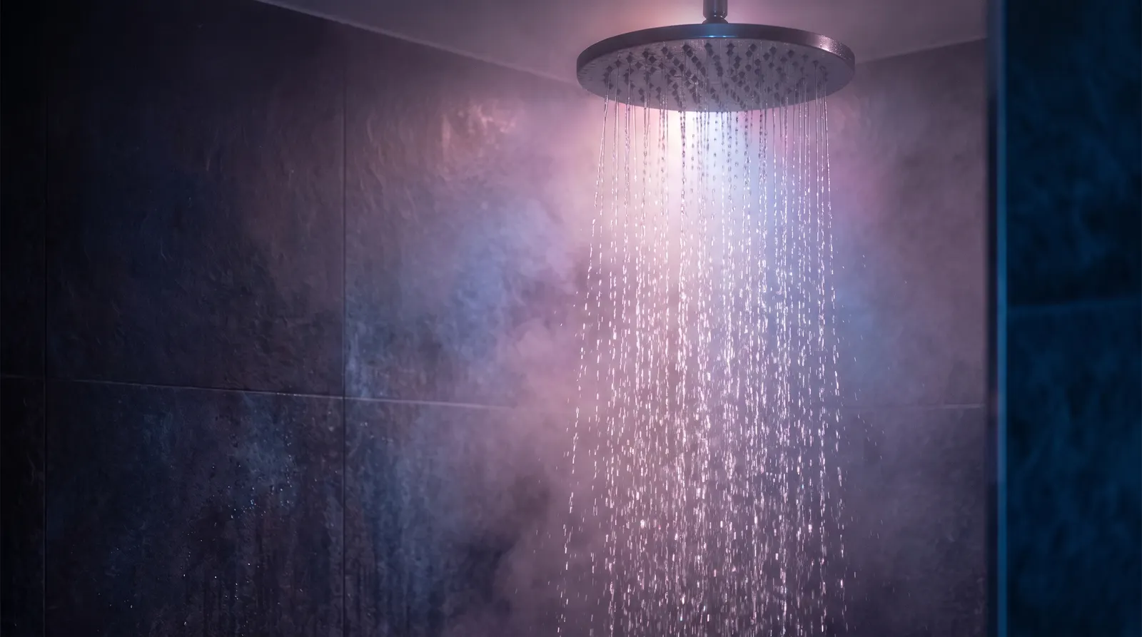 Warm water streaming from a shower head through backlit steam, droplets glowing lavender, rose and aqua against deep aubergine darkness.