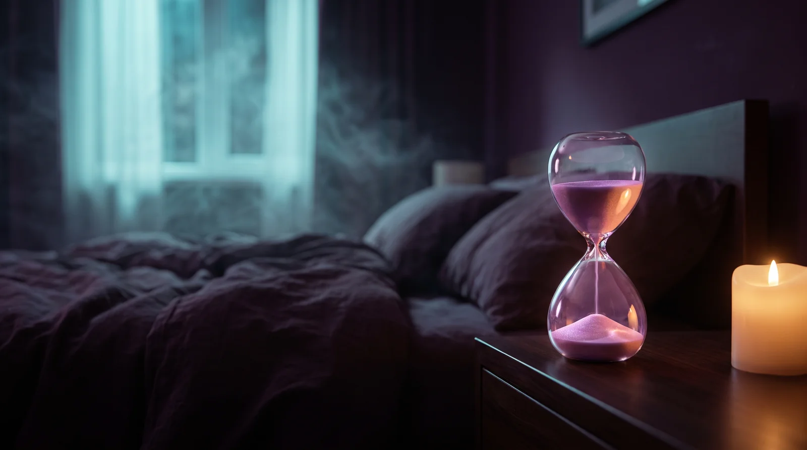 A glass hourglass on a bedside table beside a softly rumpled bed, its sand glowing lavender and rose in aqua-tinted moonlight against deep aubergine darkness.
