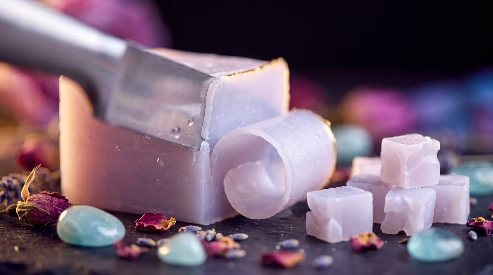 A bar of lavender soap being sliced into soft curling ribbons under a warm glow.