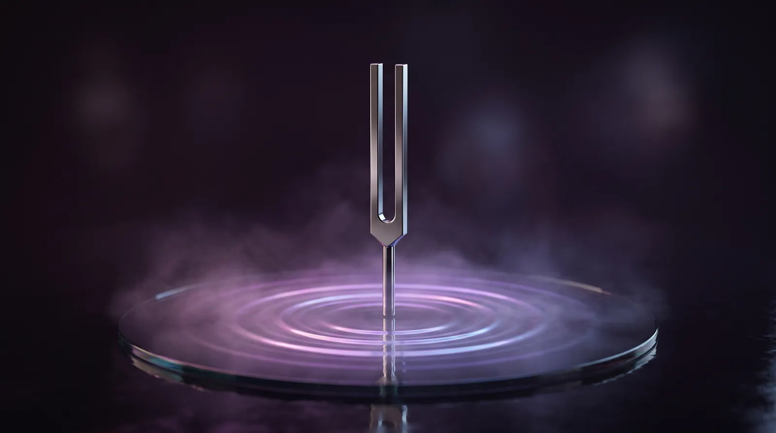 A polished tuning fork standing on dark glass, concentric ripples of lavender, rose and aqua light spreading through mist against deep aubergine darkness.