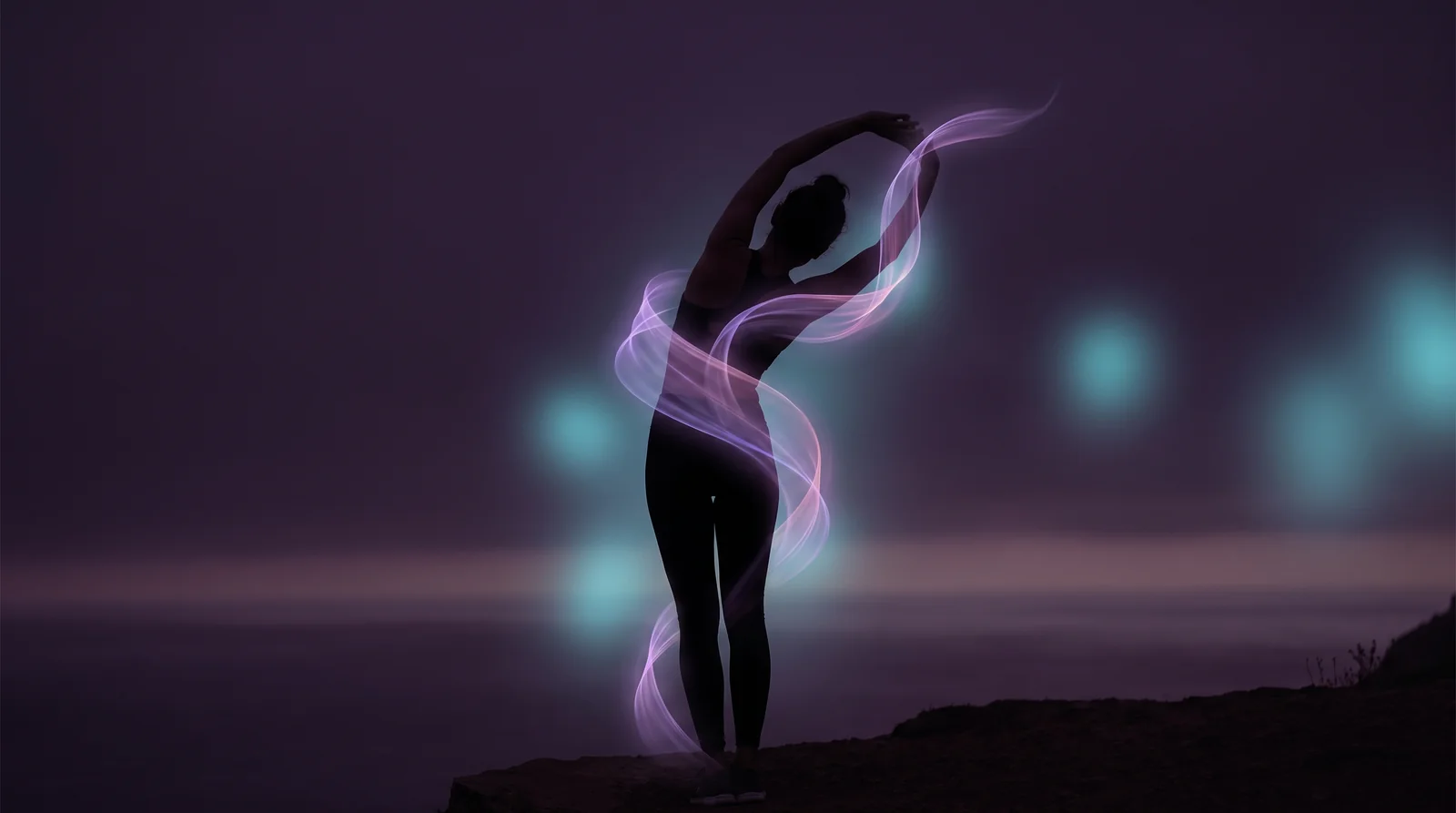 A silhouetted figure stretching arms overhead, ribbons of lavender and rose light flowing along the spine against a deep aubergine near-black backdrop.