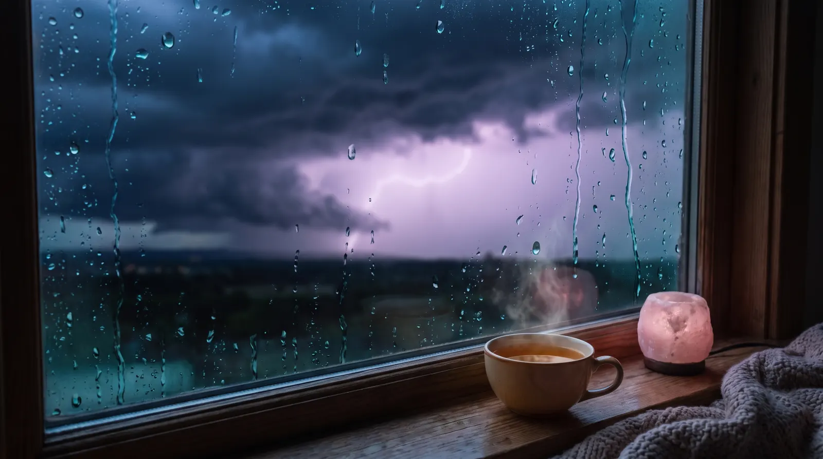 Dark storm clouds and soft lavender lightning seen through a rain-streaked window at dusk.