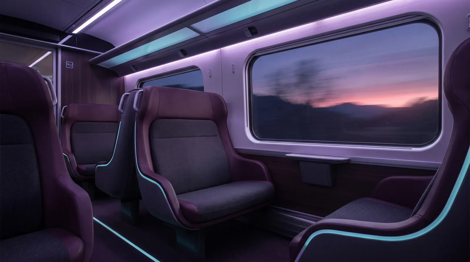 A quiet train carriage at dusk with a soft lavender and aqua landscape streaming past the window.